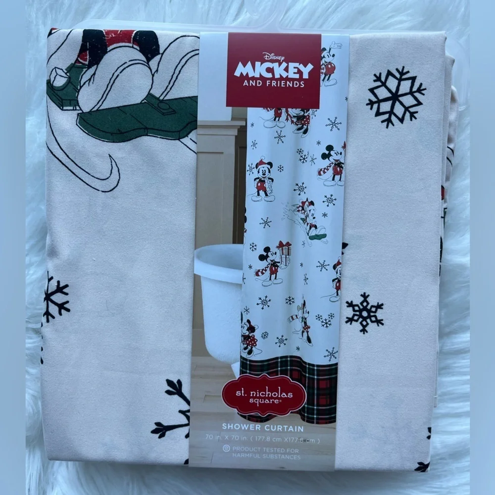 🆕 DISNEY Mickey and Minnie Shower Curtain Bath Rug  Hand Towel Bathroom Set